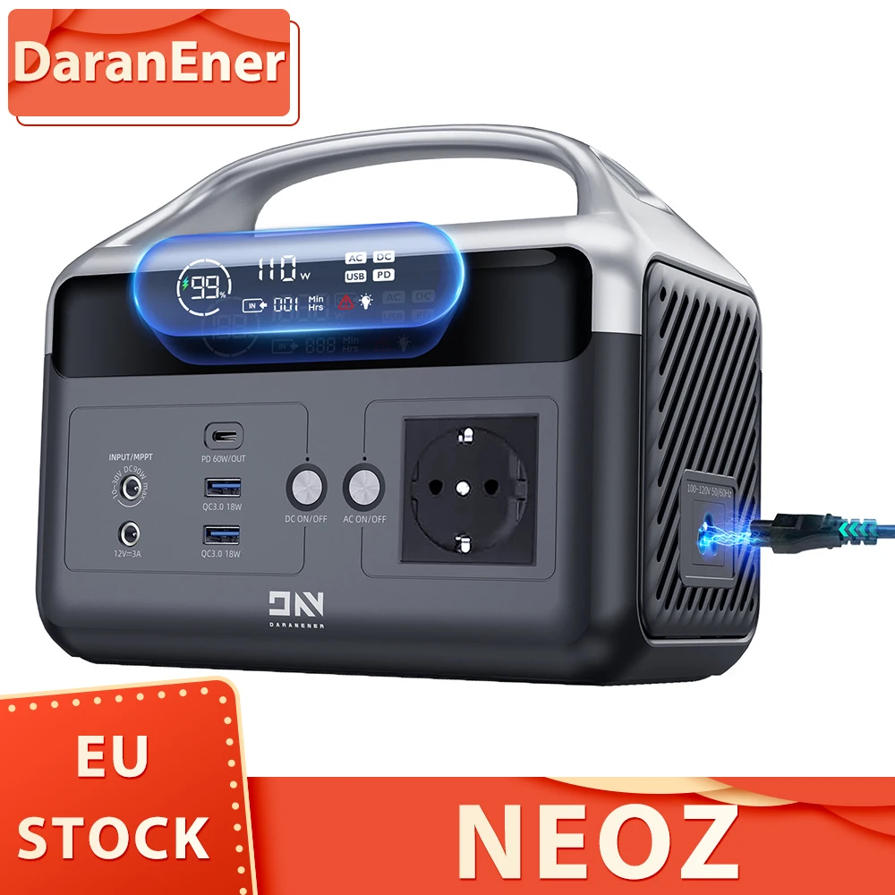 DaranEner NEOZ Przenośna Stacja Zasilania, 300W 179.2Wh Bateria LiFePO4, Latarka LED, Szybkie Ładowanie w 1.5h, Generator Solarny do Użytku Zewnętrznego