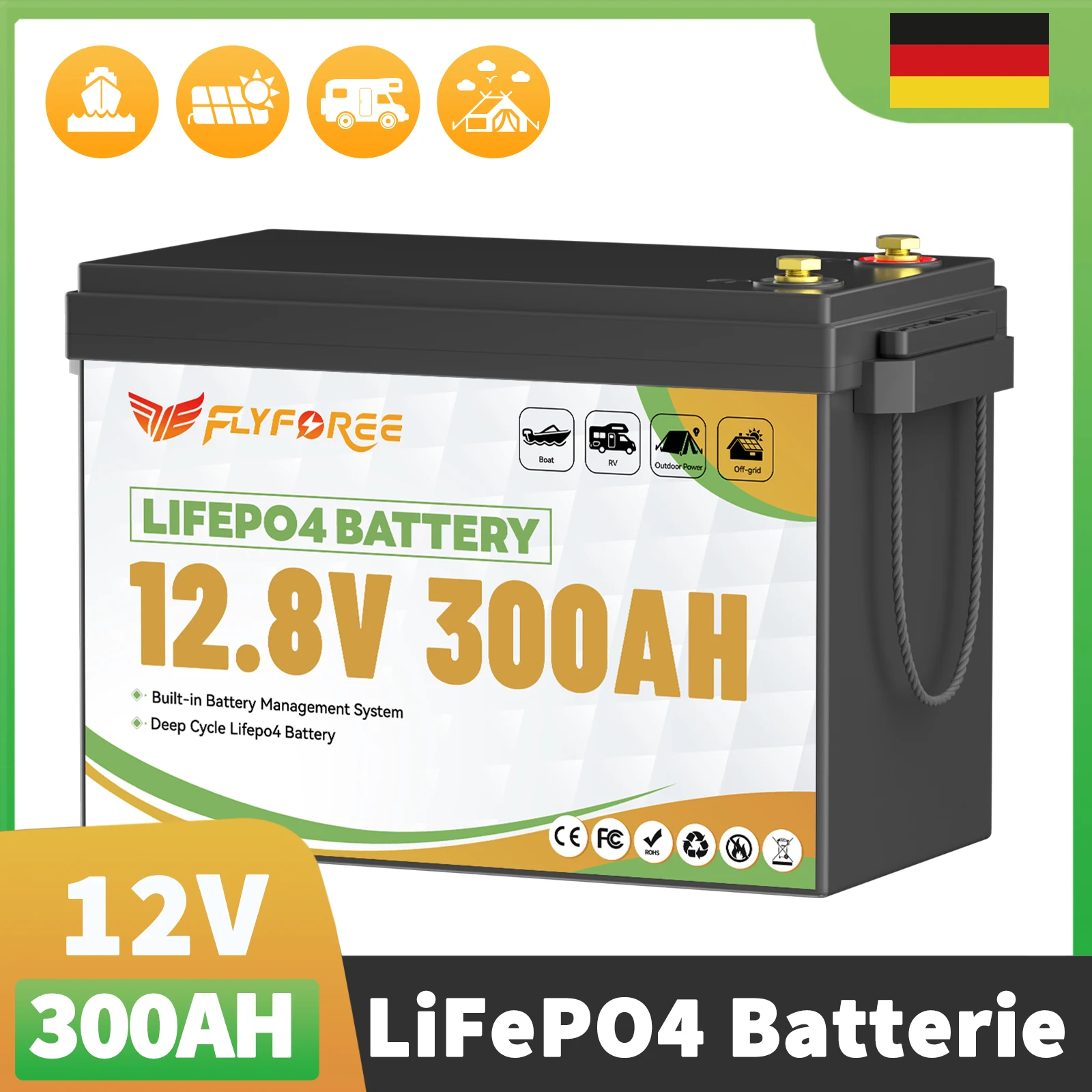 Akumulator litowo-żelazowo-fosforanowy (LiFePO4) FLLYROWER 12V 300Ah z BMS 200A, głębokie cykly energetyczne, do systemów solarnych, kamperów, łodzi i zastosowań off-grid.