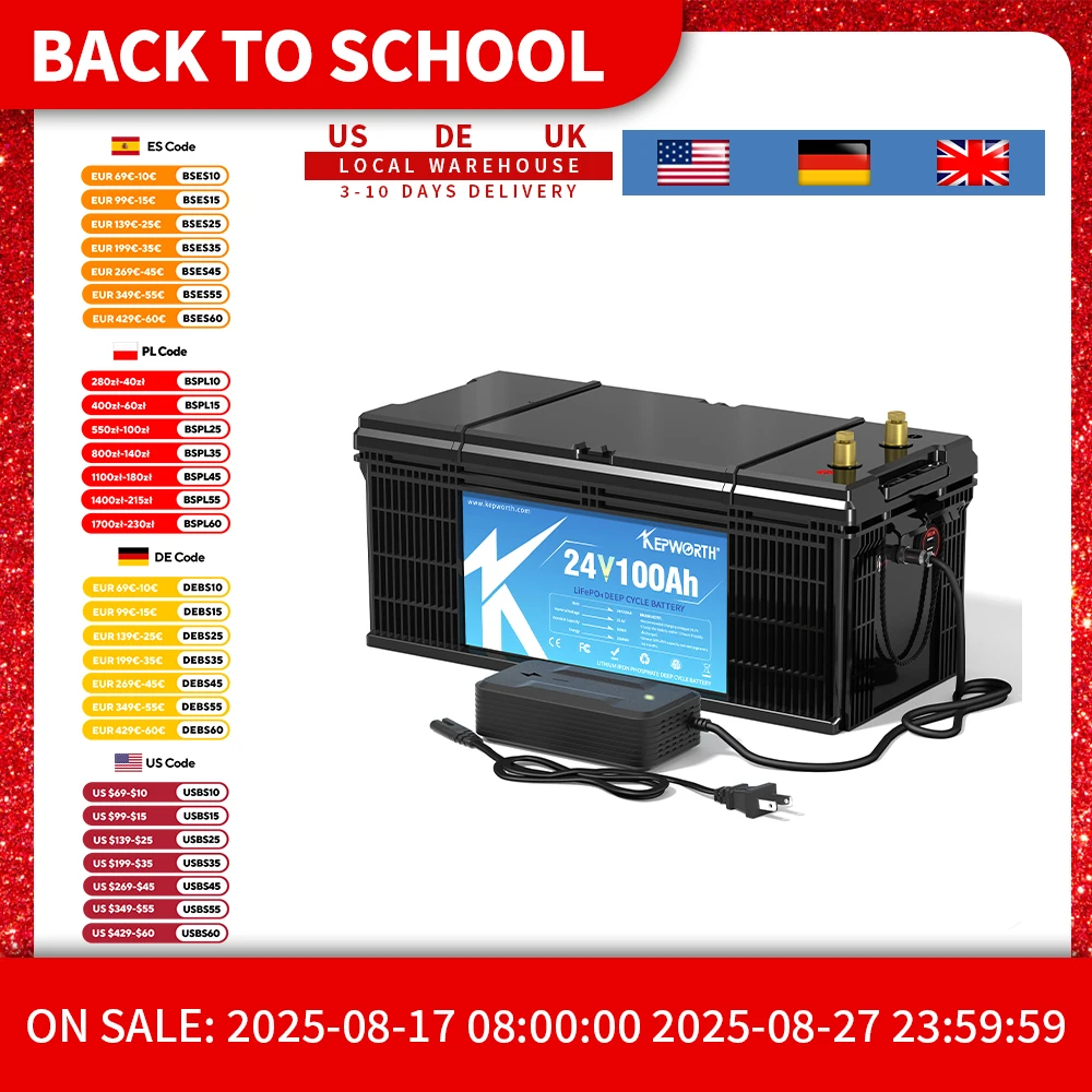 Akumulator KEPWORTH 24V 100Ah LiFePO4 z ogniwami klasy A i BMS do silników trollingowych Solar RV Camping Support Series i Parallel
