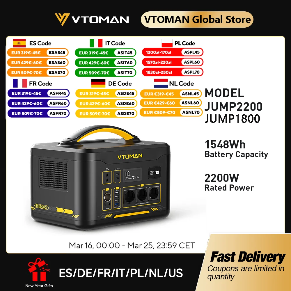 Przenośna stacja zasilania VTOMAN JUMP 2200 / JUMP 1800 828/1548Wh Akumulator LiFeP04 Generator Solarny do Domu, na Kemping i na Zewnątrz