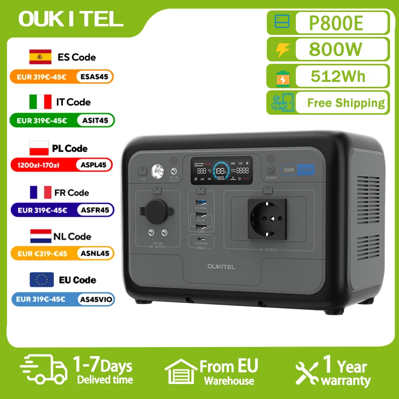OUKITEL P800E Przenośna Stacja Zasilania 800W Generator Solarny 512Wh Bateria Lifepo4 Zasilanie Awaryjne do Domu Kemping na Zewnątrz Mobilne Zasilanie
