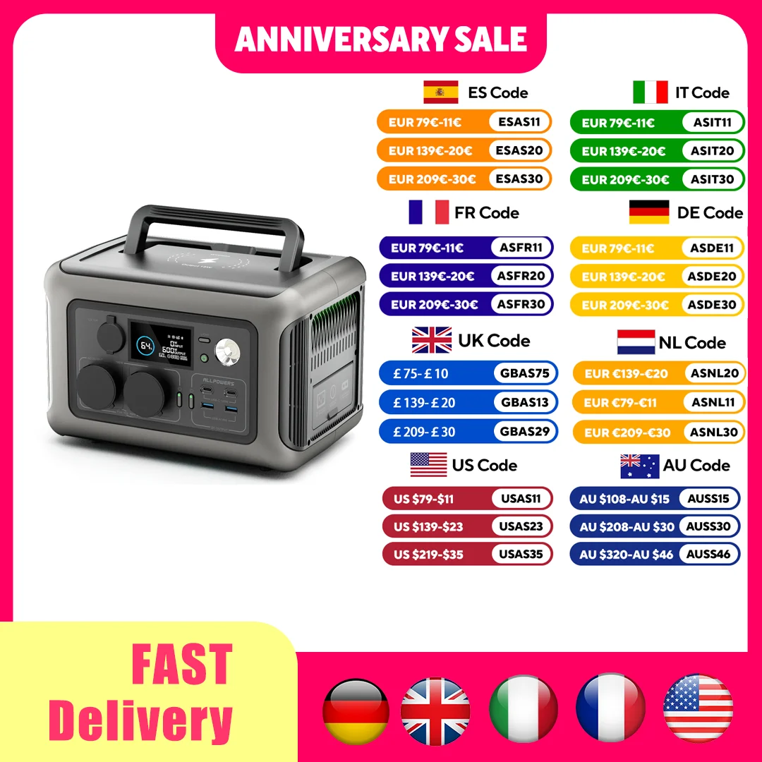 ALLPOWERS Przenośna elektrownia R600, akumulator LiFeP04 o pojemności 299 Wh z 2 gniazdami prądu przemiennego o mocy 600 W (przeładowanie 1200 W) do użytku na zewnątrz, na kempingu, w domu na kółkach