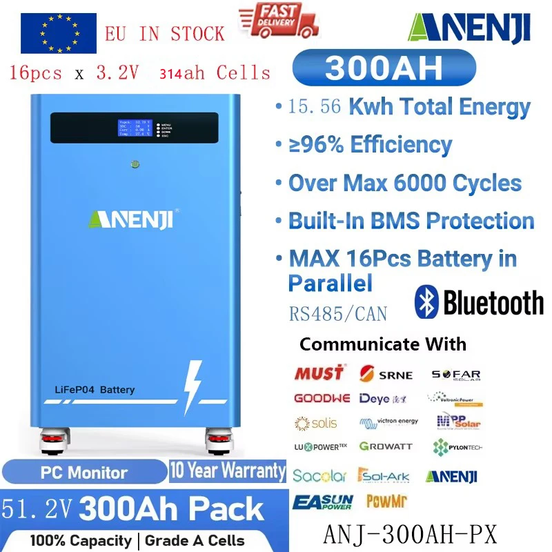 Akumulator ANENJI 48V 300Ah LiFePO4, pakiet baterii 15kWh 51.2V 16kWh z kółkami, bateria litowa 300Ah, 6000+ cykli, Bluetooth, BMS CAN/RS485