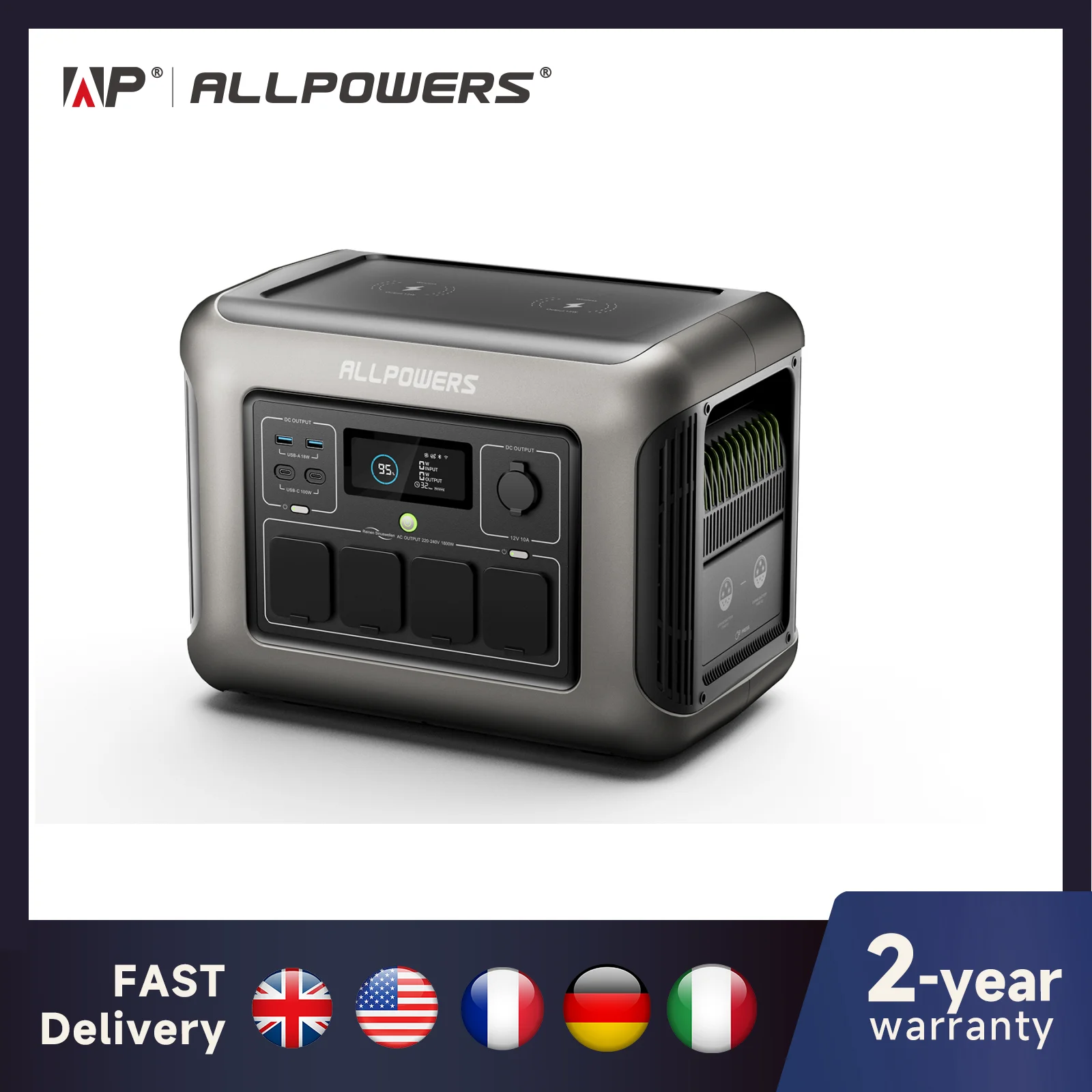 ALLPOWERS R1500 Przenośna elektrownia 1152 Wh Akumulator LiFePO4 z wyjściem AC 1800 W (3000 W szczytowych) Generator słoneczny na przyjęcie w ogrodzie