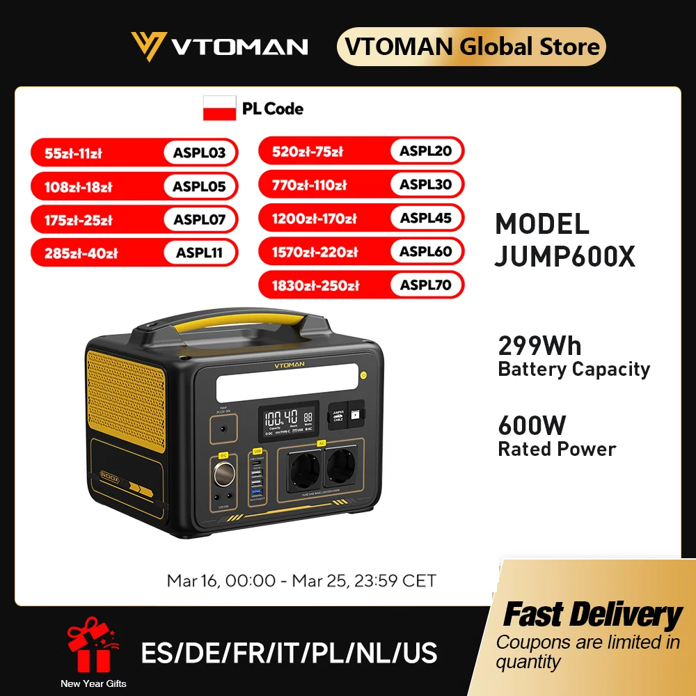 VTOMAN JUMP 600X Przenośna stacja zasilająca 299 Wh LiFePO4, maksymalna moc 1200 W – awaryjne zasilanie backupowe, generator słoneczny