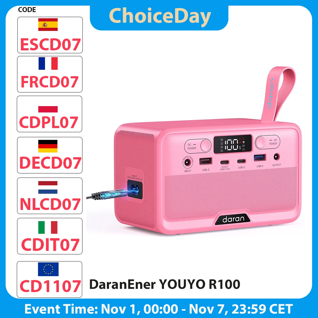 DaranEner YOUYO R100 100W Portable Power Station, 4x USB, 1x DC and 2x AC Ports, 89.6Wh LiFePO4 Battery, LED & Compact