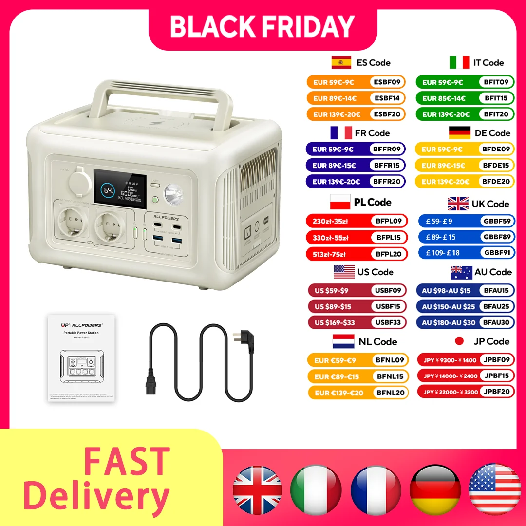 Generator przenośny ALLPOWERS R600 299Wh 600W z gniazdami AC, bateria LiFePO4 do domu, namiotów, na kemping, do kamperów i jazdy na zewnątrz.