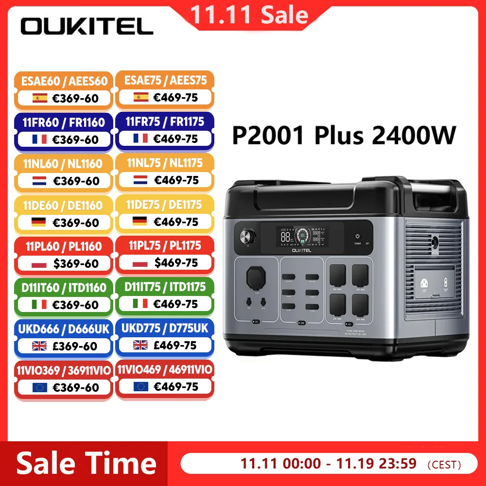 Oukitel P2001 Plus 2400W Pure Sine Wave Power Station 13 Output Ports 2048Wh Expansion App Control Energy Storage Power Station