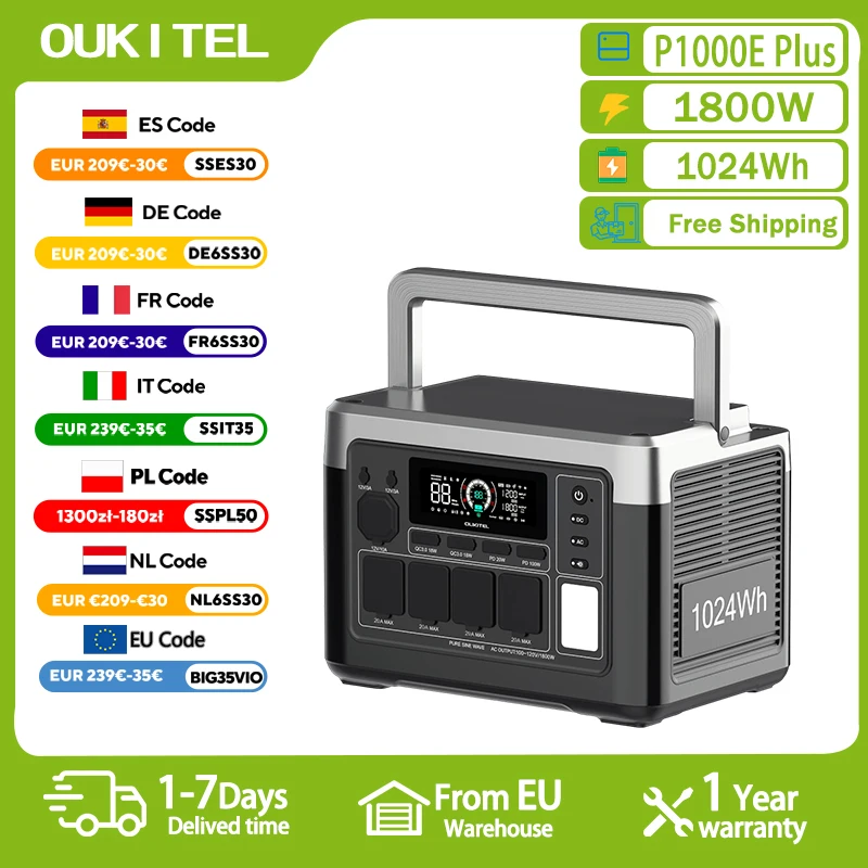 OUKITEL P1000 PLUS Przenośna Stacja Zasilania 1800W Generator Solarny 1024Wh Bateria Lifepo4 Zasilanie Awaryjne Domowe Kemping na Zewnątrz Mobilne Zasilanie