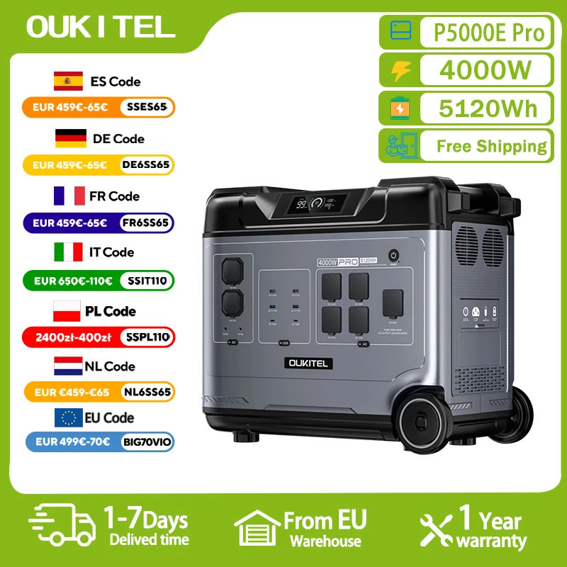 OUKITEL P5000 Pro Przenośna Stacja Zasilania 4000W Generator Solarny 5120Wh Akumulator Lifepo4 Zapasowy Zasilacz Domowy Kempingowy Mobilny