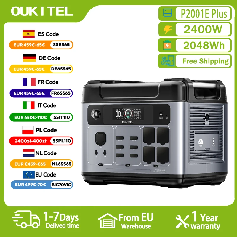OUKITEL P2001E PLUS Przenośna Stacja Zasilania 2400W Generator Solarny 2048Wh Akumulator Lifepo4 Zapasowy Zasilacz Domowy Kempingowy Mobilny
