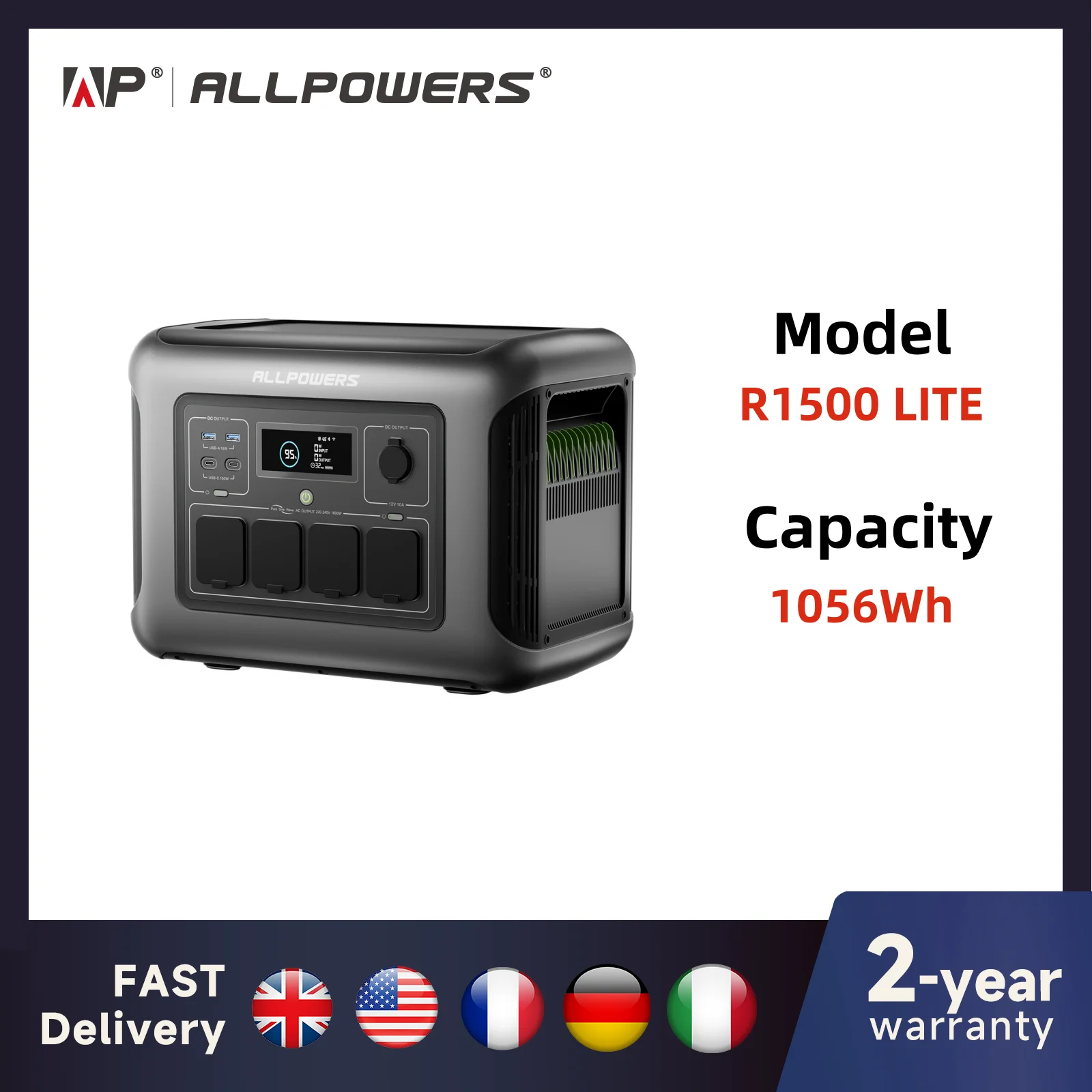 ALLPOWERS R1500 LITE Przenośna Stacja Zasilania 1056Wh Akumulator LiFePO4 1600W (3200W szczyt) Wyjście AC Generator Solarny na Kemping RV