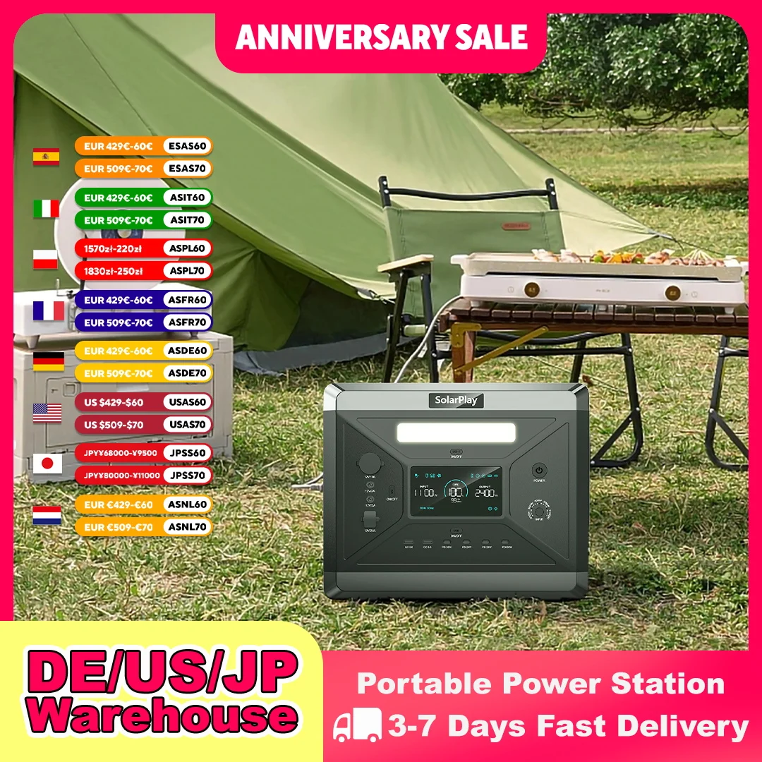 SOLARPLAY Q2501 Przenośna elektrownia 2160WH Akumulator LiFePO4 z wyjściem AC 2400W (czapka 4800W) Generator słoneczny na przyjęcie w ogrodzie