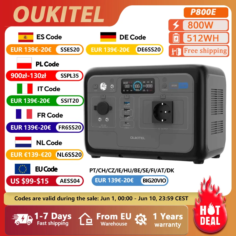 OUKITEL P800E Przenośna Stacja Zasilania 800W Generator Solarny 512Wh Bateria Lifepo4 Zasilanie Awaryjne Domowe Kemping na Zewnątrz Mobilne Zasilanie