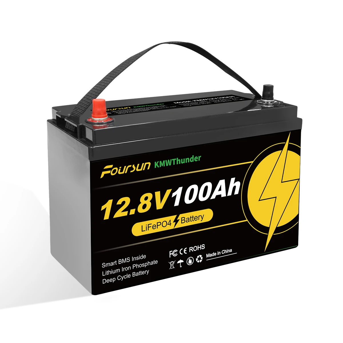 Akumulator Foursun 12V 100Ah LiFePO4 (1280Wh) z ochroną BMS na niskie temperatury, 4500+ cykli do kamperów/solarów/kempingu