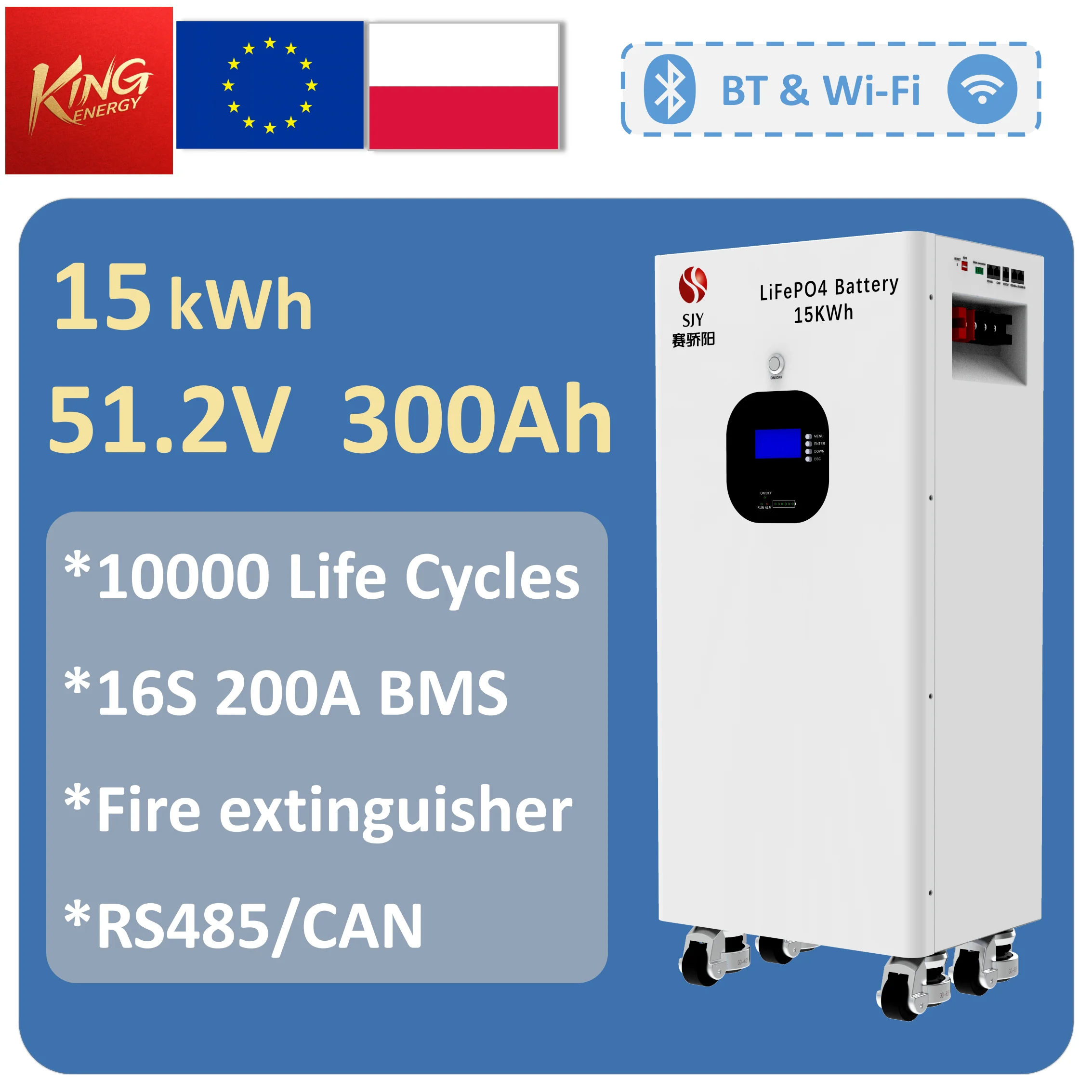 SAIJIAOYANG LiFePO4 Stojąca Bateria Domowa do Energetyki Słonecznej 15kWh Wbudowany Inteligentny BMS 200A BT WiFi System Ochrony Przeciwpożarowej do Baterii Chemicznych 10000 Cykli Przechowywanie Energii Słonecznej Dostępne w UE