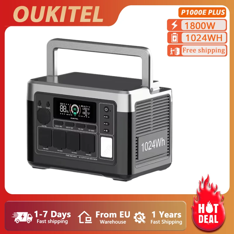 OUKITEL P1000 PLUS Przenośna Stacja Zasilania 1800W 1024Wh Bateria Lifepo4 Generator Solarny, Zasilanie Awaryjne Domowe Kemping Plenerowy Mobilne Zasilanie