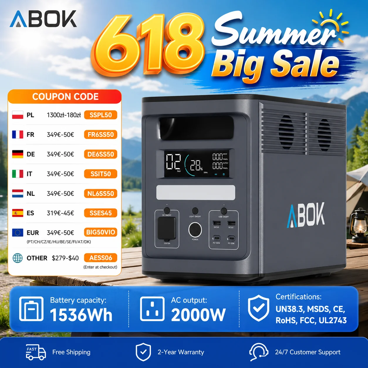 Stacja zasilania ABOK Ark2000 1536Wh z baterią LiFePO4, generator solarny 2000W AC do zasilania domowego, na kemping, do użytku mobilnego, z aplikacją.